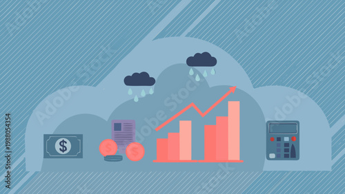 Financial growth is depicted with a rising graph amidst rain clouds and economic symbols