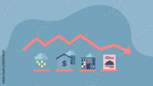 A declining graph overlays buildings depicting economic downturn and potential financial hardship