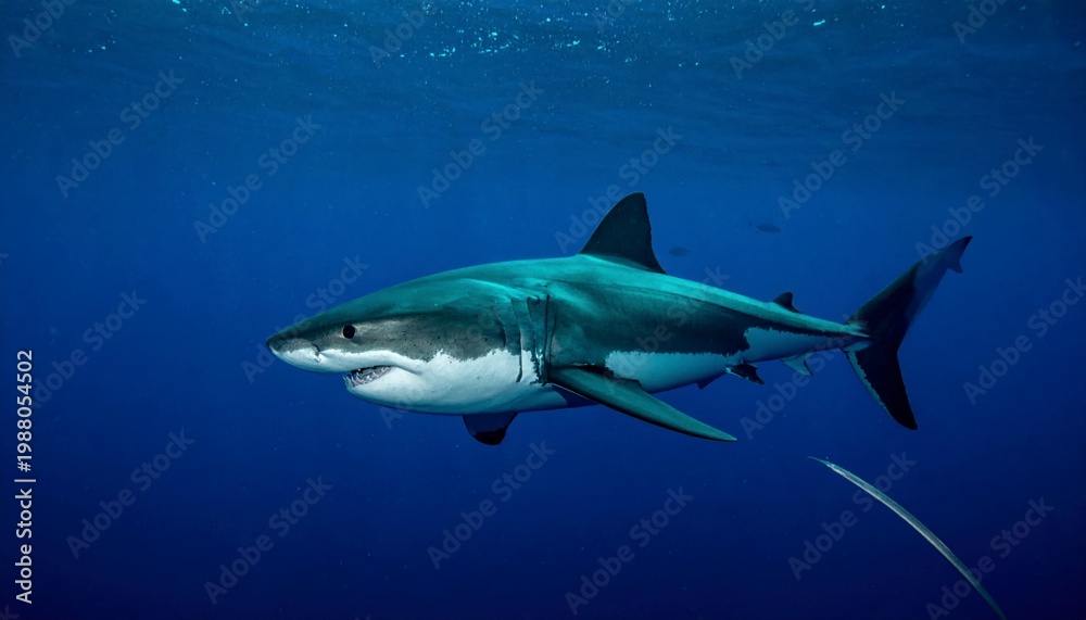 Fototapeta premium Fierce Great White Shark Cruising Silently Through the Deep Blue Ocean Waters