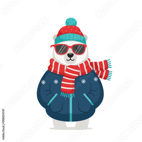 Cute Polar Bear Character Wearing Winter Clothes and Sunglasses