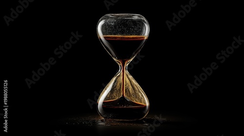 Conceptual high-angle shot of a glass hourglass filled with thick black crude oil flowing through the neck, representing the countdown for fossil fuel dependency and the climate crisis.