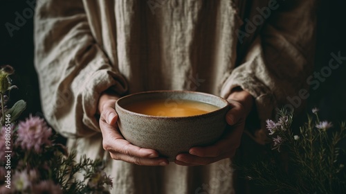 Close-up of a person's hands holding a warm ceramic bowl of golden bone broth in a rustic, mindful setting, wearing natural linen clothing and surrounded by soft floral accents.