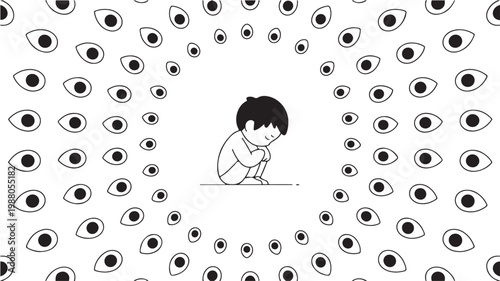 Surveillance Concept Vector of Sad Child Surrounded by Watching Eyes Symbolizing Privacy Loss and Anxiety