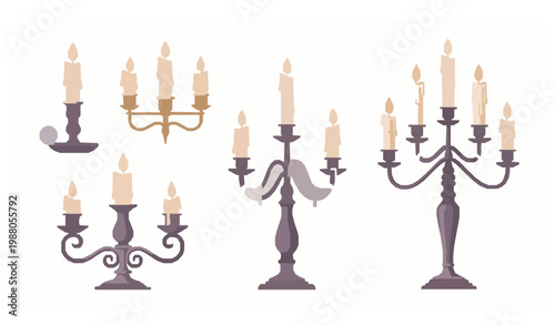 Vintage candles in candlesticks and candelabras elegant classic decor flat vector illustration set isolated on white background