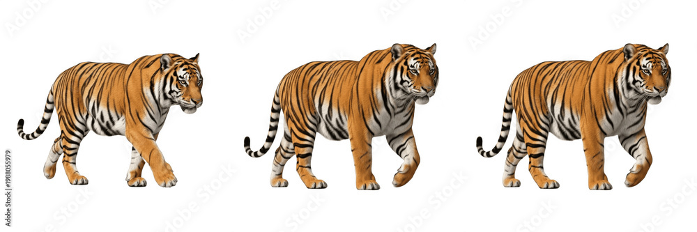 Obraz premium Powerful Bengal Tiger Walking PNG, Realistic Wild Cat Exotic Predator, Striped Jungle Animal Isolated on Transparent Background for Stock