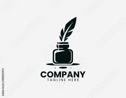 An ink bottle with feather quill is illustrated with spill minimalist black vector logo design