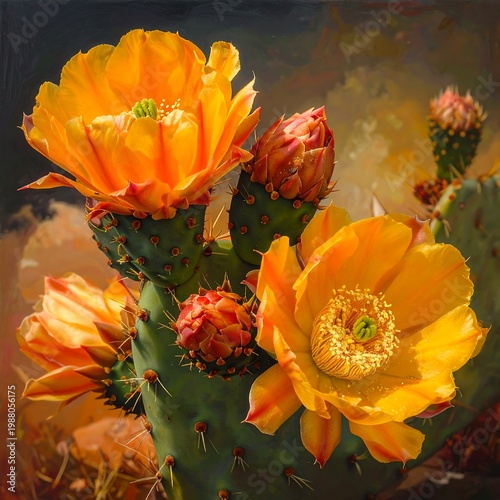 Vibrant orange cactus flowers blooming