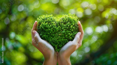Hands holding green heart shaped plant. World Environment Day.