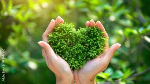 Hands holding green heart shaped plant. World Environment Day.