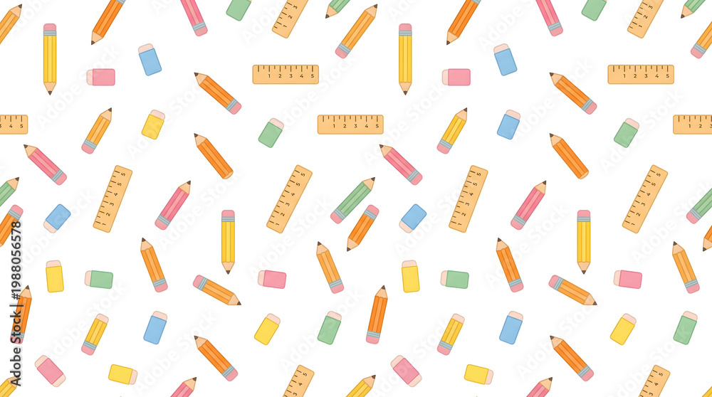Obraz premium Colorful School Stationery Seamless Pattern. Pencils, Rulers, Erasers on White. Education & Learning Design Background.