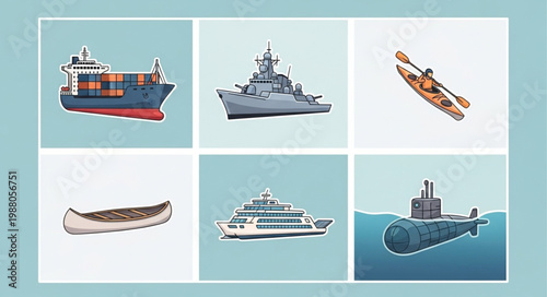 Collection of various watercraft and vessels for transportation and recreation.