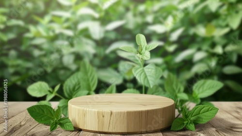 Wood podium outdoors with blur green monstera tropical forest plant, nature background