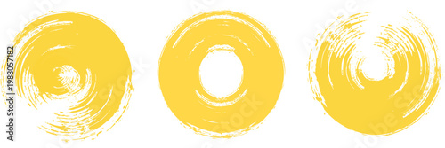 Brush sun rough set. Hand drawn yellow grunge circles. Abstract round stamp collection on white background