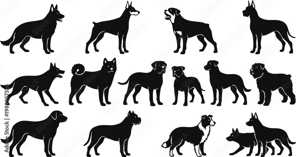 Fototapeta premium Premium Black Dog Silhouette Vector Set – High Quality Dog Silhouettes Collection for Design, Clipart & Branding
