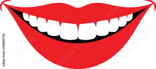 Big happy smile with red lips and white healthy teeth for dental care oral hygiene and positive facial expression concept vector illustration