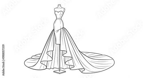 Elegant wedding dress, bridal gown, formal fashion illustration, line art dress design