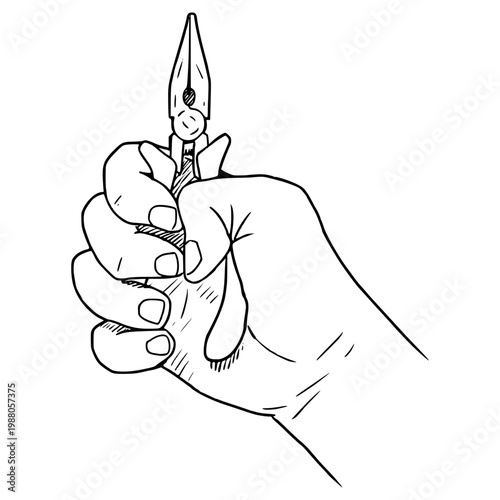 hand holding flat nose pliers illustration hand drawn outline vector