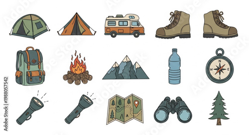 Camping and Hiking Gear Collection Illustration.