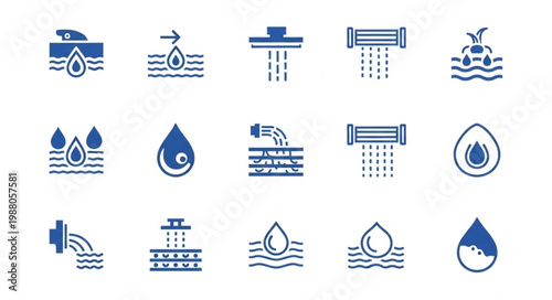 Set of water drop icons and symbols representing water flow and conservation.