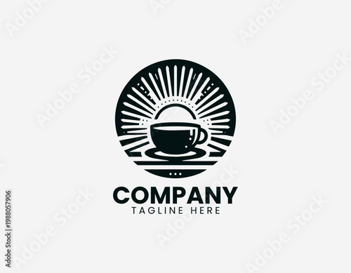 A coffee cup logo is combined with rising sun rays in bold minimalist black vector