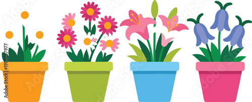 Set of colorful potted flowers including daisies lilies and bluebells for home garden decor spring floral arrangements and botanical vector illustration