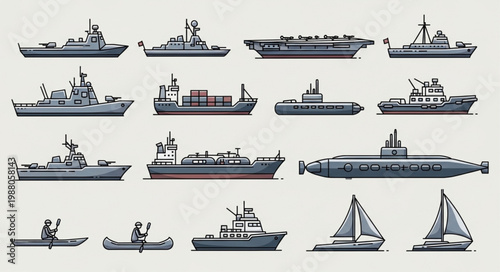 Collection of various naval and civilian watercraft illustrations.