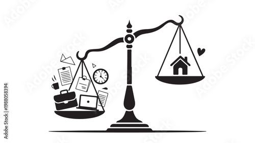 Work Life Balance Scale Vector - Minimalist Illustration Balancing Career Documents with Home and Family Icons