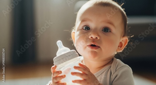 Cute baby holding feeding bottle with milk. Close-up portrait of adorable infant with big eyes looking at camera during feeding time