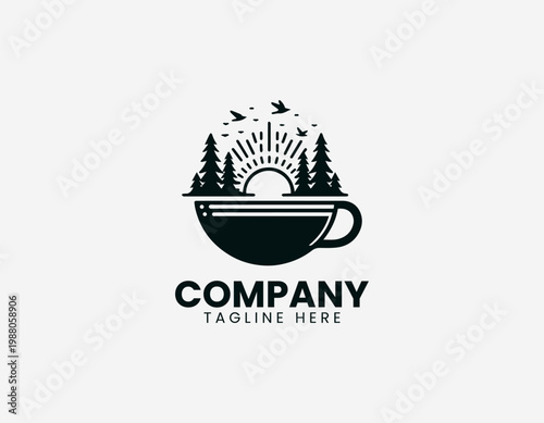 A coffee cup logo is combined with forest trees sun and bird elements in minimalist black vector