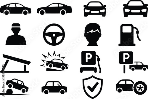 Automotive icons set cars accessories and related services in black silhouette