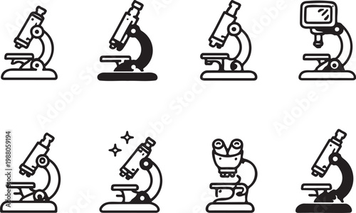 microscope science icon set black symbols, laboratory research graphic elements collection, science lab icons isolated