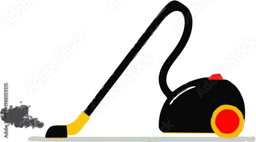 A minimalist vacuum cleaner illustration in muted red and grey, with a small dust swirl at its end, embodies the essence of modern cleaning technology