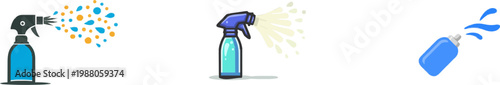A minimalist flat vector illustration depicts a blue spray paint can nozzle blasting vibrant cyan and silver droplets against a white background, creating an abstract street art scene