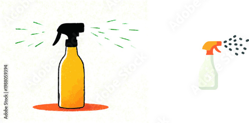 A minimalist illustration of a yellow spray bottle releasing a fine mist against a white background, with muted coral accents adding depth to the design