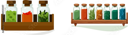 A minimalist flat vector illustration depicts a spice rack with three glass jars filled with colorful herb flakes, each labeled for easy identification in a muted green and brown color palette