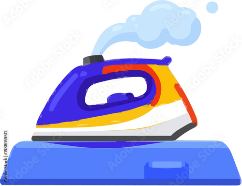 A colorful iron releases a cloud of white steam over a shirt in this minimalist, flat vector illustration