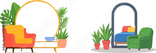 A minimalist living space is depicted with a vibrant red armchair, lush green plants, and a circular mirror reflecting the rooms serene ambiance