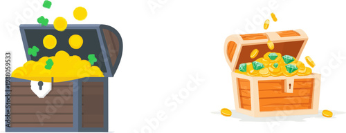 A flat vector illustration depicts a overflowing treasure chest filled with gold coins and gems, rendered in solid yellow and emerald colors against a white background