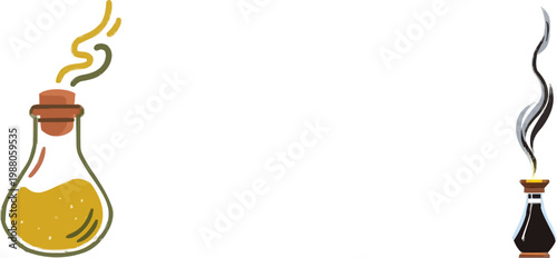 A minimalist oil lamp illustration in muted tones of copper and grey, with a thin grey smoke curl and a dying yellow glow, exudes an atmosphere of tranquility and simplicity