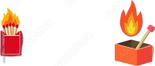 A minimalist flat vector illustration depicts a red matchbox with matches igniting in a sudden burst of flame against a stark white background