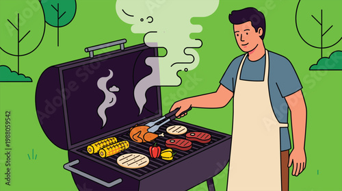 Man grilling delicious barbecue food like chicken, steaks, and corn on an outdoor grill. Flat vector illustration for summer fun