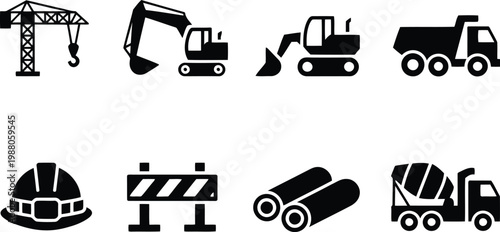 Construction equipment icons a black and white collection for industrial and building projects