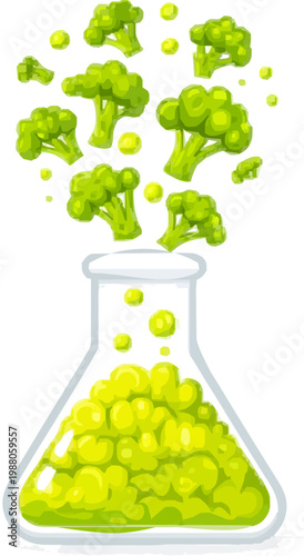 A vibrant green chemical reaction unfolds in a beaker, with broccoli florets bursting into the liquid, creating an explosive display of laboratory magic