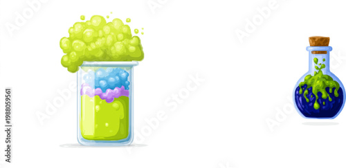 A vivid chemical reaction unfolds in a beaker, with green and purple liquids bubbling vigorously, creating an intense, colorful spectacle against the minimalist white background