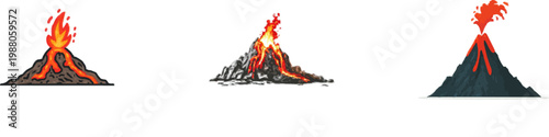 A minimalist flat vector illustration depicts a fiery volcano with lava flowing upwards, rendered in solid red and dark orange hues against a stark white background
