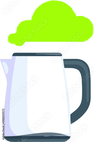 A minimalist flat vector illustration of a white kettle with a green steam cloud, set against a clean white background