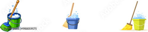 A minimalist illustration depicts a green bucket filled with soapy water, accompanied by a mop with soap foam, set against a muted green and blue backdrop