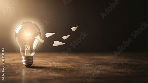 Innovation and Creativity Banner: Glowing Light Bulb with Paper Airplanes Flying Away on a Rustic Wooden Table Representing Ideas and Success