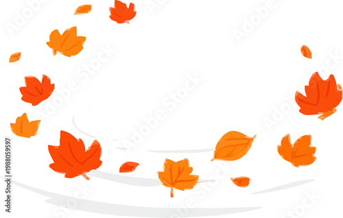 A minimalist illustration captures the essence of autumn with vibrant red, orange, and yellow leaves swirling in a circular vortex against a stark white background