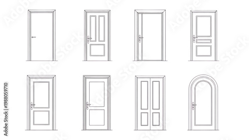 Set of different styles of interior doors isolated on white